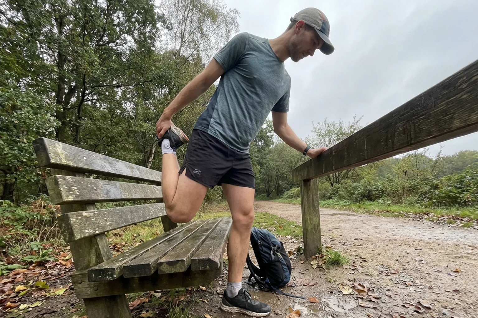 Candid iPhone photo of a fit male runner stretching his quad against a park bench after a run, overcast daylight, natura