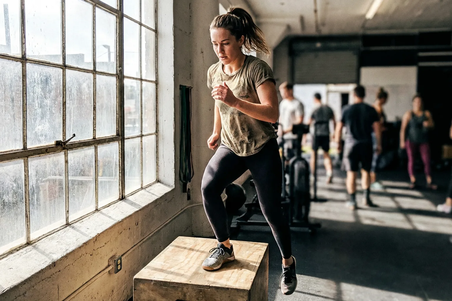 Candid iPhone photo of an athletic female runner doing box step-ups in a gym, natural light from window, focused express