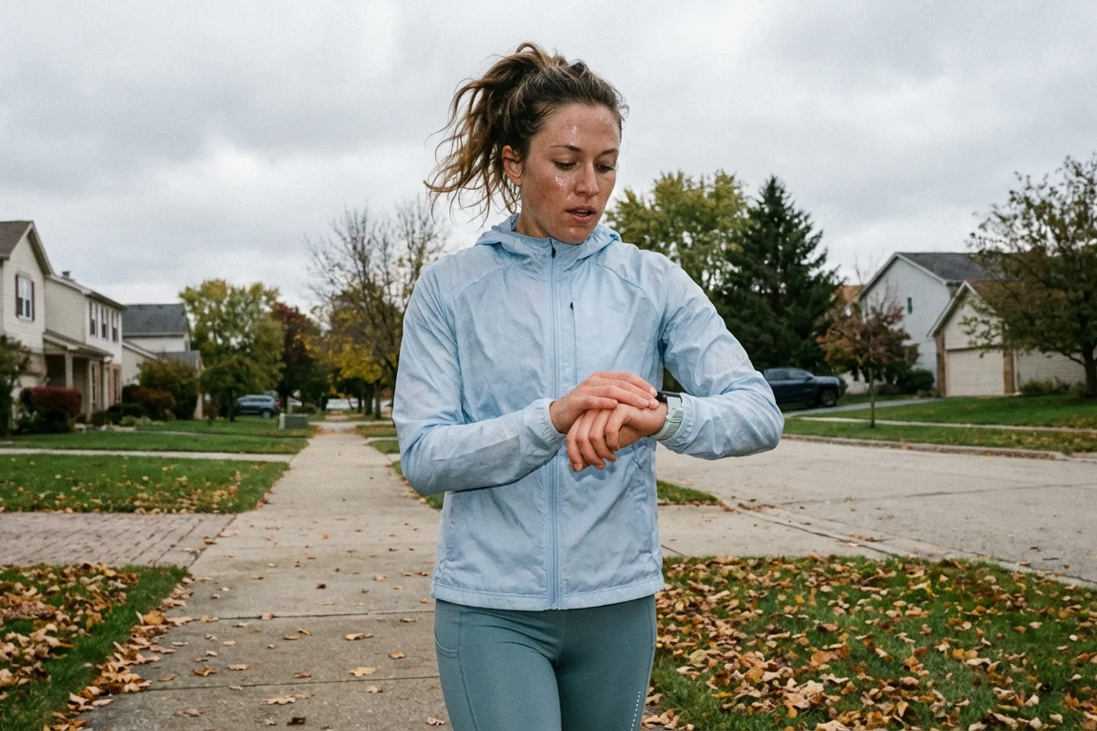 Candid iPhone photo of an athletic woman checking her GPS watch during a long run on a suburban path, overcast sky, wear