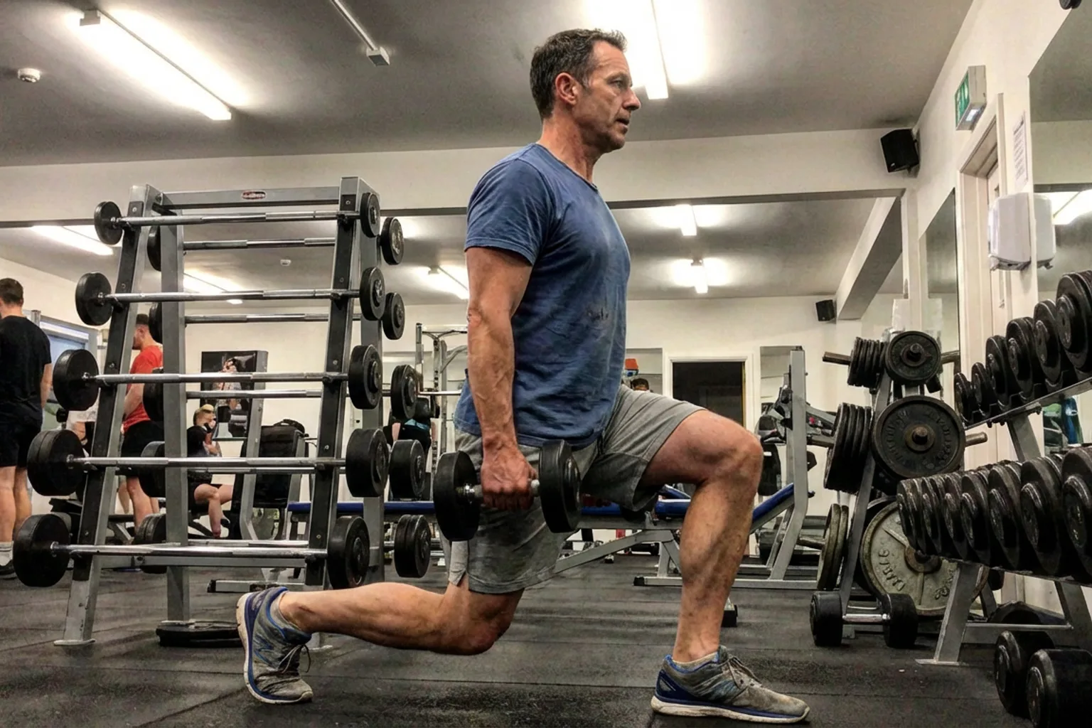 Candid iPhone photo of a fit male runner in his late 40s doing a split squat in a real gym, natural overhead lighting, w