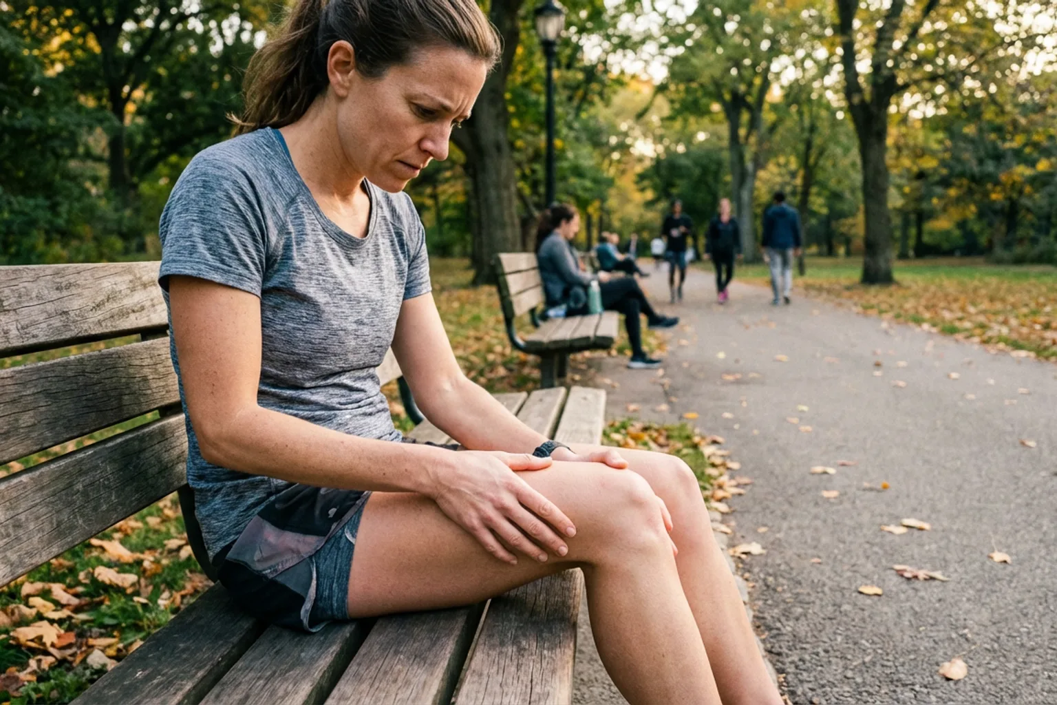 Candid iPhone photo of an athletic female runner sitting on a park bench, gently pressing around her kneecap with a thou