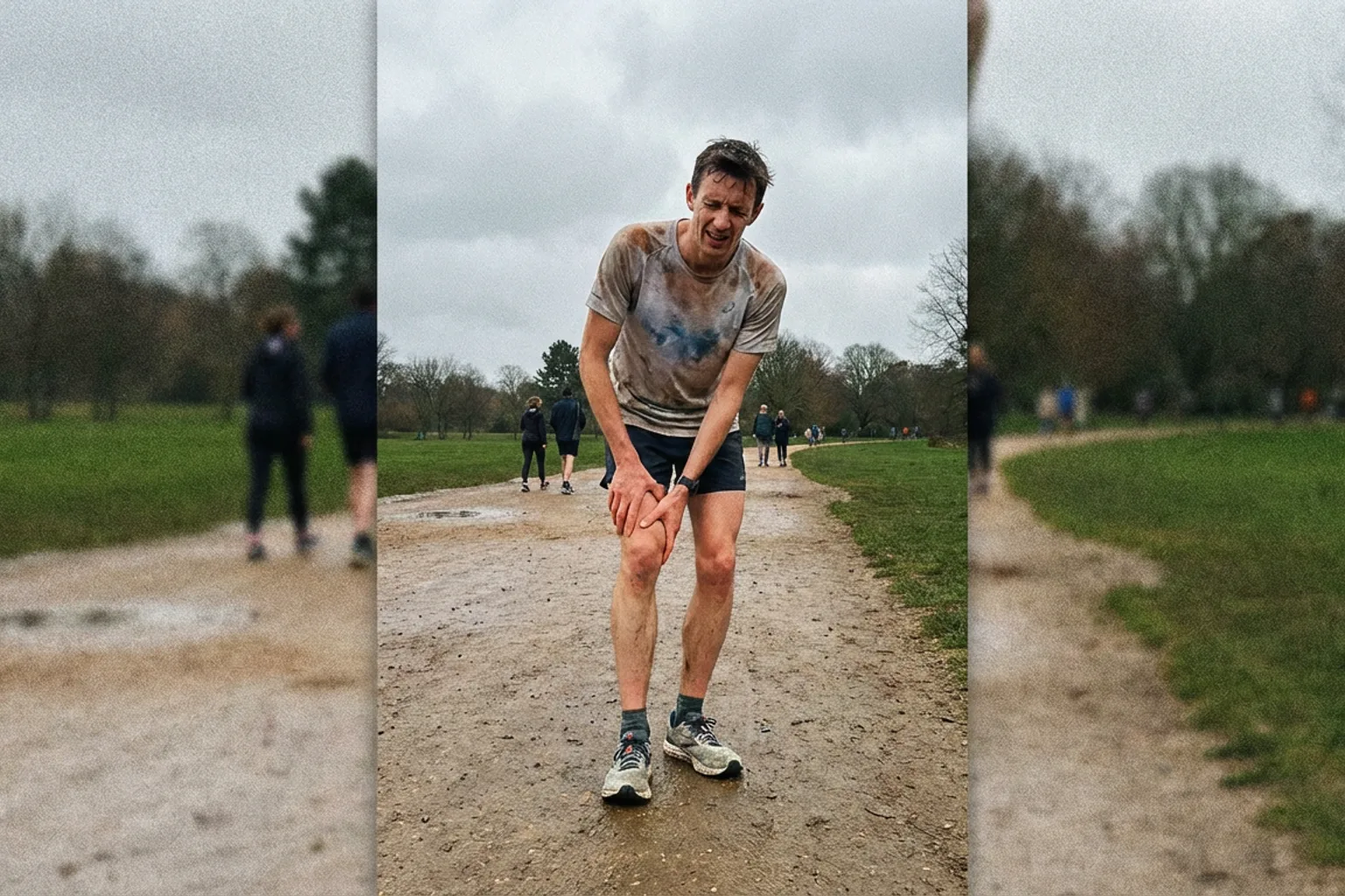 Candid iPhone photo of a lean male runner pausing on a park path, holding his knee with a slightly pained expression, ov
