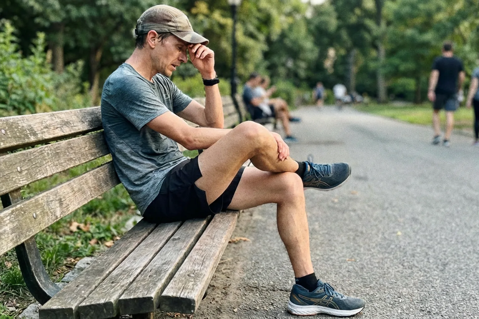Candid iPhone photo of a lean runner doing a figure-four piriformis stretch on a park bench after a run, natural dayligh