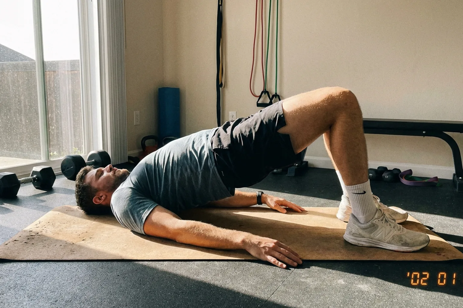 Candid iPhone photo of an athletic man doing a glute bridge exercise on a yoga mat in a bright home gym, natural window 